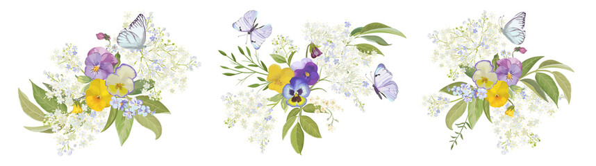 Obraz premium Watercolor pansy flowers bouquet collection. Vector viola spring floral set, butterfly illustration