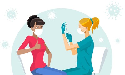 Nurse vaccinating the young girl. Vector illustration about covid-19 vaccine. the nurse takes the vaccine from the bottle into the syringe.