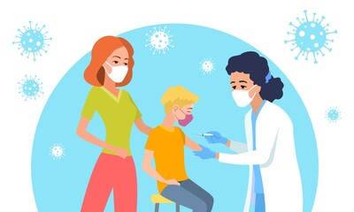 The doctor who vaccinated the child. The child who came to the vaccine with his mother in the hospital. Vector illustration colorful.