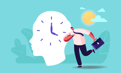 Businessman Character Hurry at Work Oversleep due to Jet Lag Change Time Zone. Hormones Disorder, Deadline and Stress