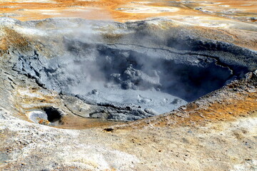 The smoking ground and boiling mud pots at Namafjall Hverir geothermal area near Lake Myvatn, Iceland