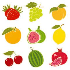 Fruit collection, flat drawing, set of colorful fruit icons. Vector illustration, Mediterranean fruit