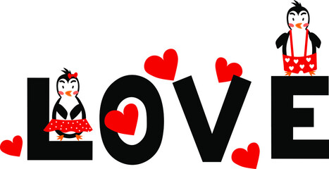 Inscription love and cute penguins with hearts. Kids print.  © Yulia Zelinskaya