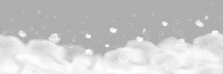 Bath foam with bubbles isolated on transparent background. Realistic soap lather texture. Vector illustration of shampoo, gel or mousse suds overlay effect