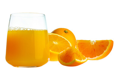 One glass of orange juice with orange pieces, isolated on white background.