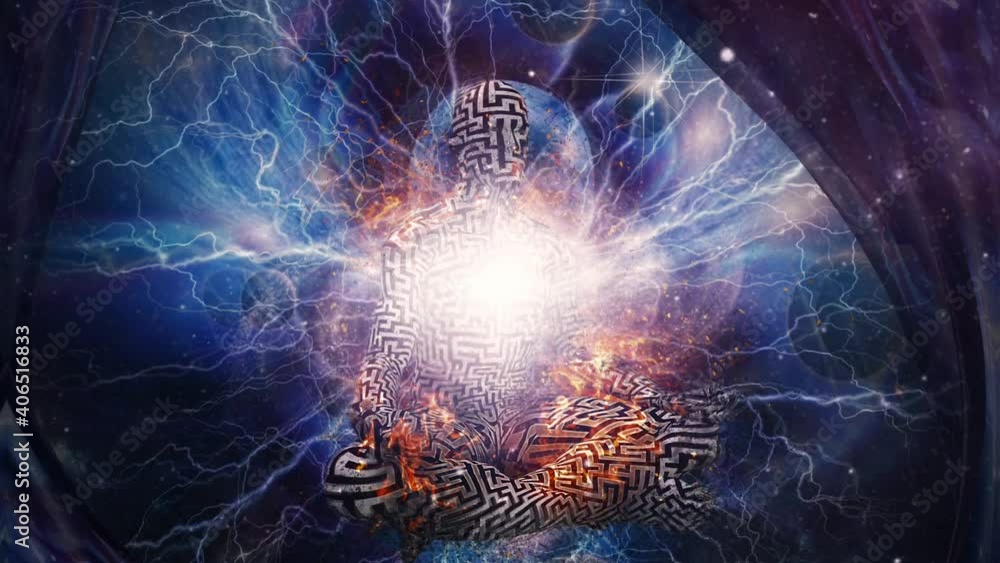 Poster the power of meditation. burning man with maze pattern meditates in endless space animation