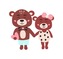 Cute couple of bears in love. Valentine's Day print. Vector hand drawn illustration.