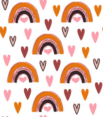 Cute valentine's day seamless pattern of rainbow and hearts in boho style. Background for textiles, wrapping paper, wallpaper. 