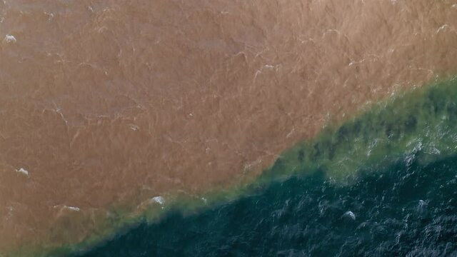 a Seabird flies over a huge patch of Toxic waste Dumped into the Atlantic Ocean. Drone aerial  of coastline in Santa Cruz de Tenerife Canary islands. Environment and Pollution on a Global scale.