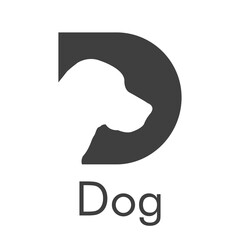 Logotipo texto dog con letra inicial D con cabeza de perro en color gris