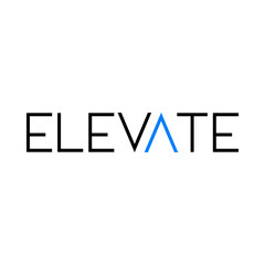 Logotipo con texto Elevate con letras estilizadas A y V con forma de flechas de botón del panel hacia arriba y hacia abajo