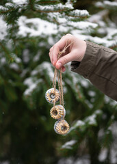Young girl holding homemade mini peanuts bundt cakes, bird feeder for hanging in the garden. Help people to animals concept.