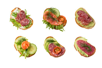 Set  sandwiches with sausage, salmon, fresh salad, cucumber, tomatoes, avocado.