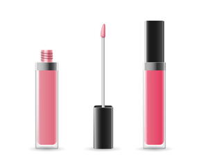 Lip gloss tube template. Lip cream in plastic transparent bottle with black cap on white background