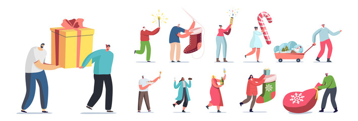 Set People Prepare for New Year and Christmas Holidays Celebration. Male and Female Characters Buying Gifts or Souvenirs