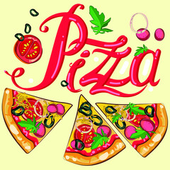 vector pizza elements and hand drawn lettering