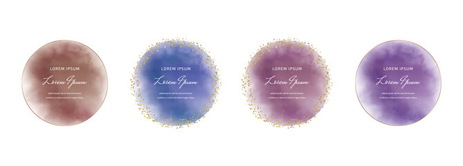 Purple, blue and red round watercolor with golden confetti frames
