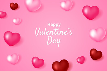 Valentine's day background. Pink background with realistic 3D pink and red hearts. Background with abstract hearts.