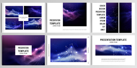 Vector layouts of presentation templates for brochure, cover design, flyer, book design, magazine, poster. Digital data visualization, polygonal science dark background.