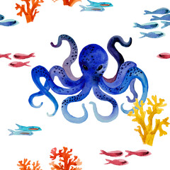 Watercolor hand drawn seamless pattern with octopus in blue color with spots. Blue color octopus tentacles. Animal in cartoon style. Design for covers, backgrounds, decorations.