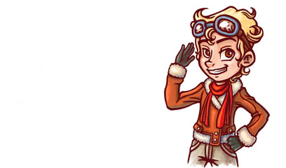 Blond aviator kid smiling, with text space on left side.