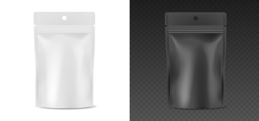Realistic zip package design. Black and white plastic sachet. Blank mockup template isolated