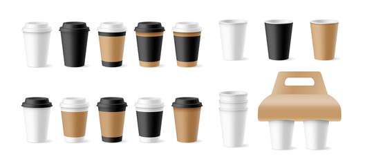 Set of template papers cups open, closed with plastic lids, in craft sleeves and holders isolated
