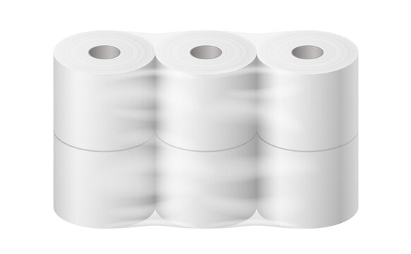 Toilet paper pack realistic. White mock up with transparent wrapping template for branding