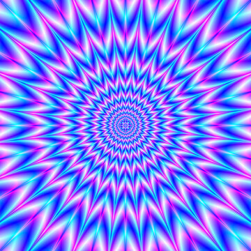 Centre Point Pulse in Blue and Pink / A digital fractal work with a 24 point geometric star flower design in blue, pink, white and violet.
