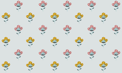 Seamless pattern of abstract stylized flowers with pink and yellow buds and pigeon gray stems in a Scandinavian style on a gray background. Endless texture of cute cartoon poppies or tulips. Vector.