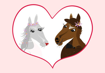 Fototapeta na wymiar Fairytale wedding illustration of a couple. Horse clothes in wedding costumes in a heart frame.