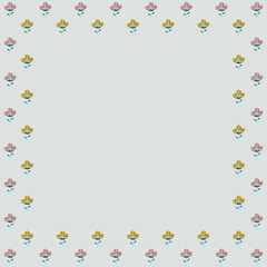 The square frame of abstract stylized flowers with pink and yellow buds and pigeon gray stems in a Scandinavian style on a gray background. Blank template of cute cartoon poppies or tulips. Vector.