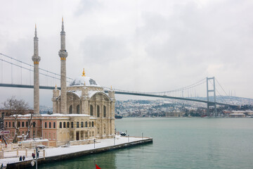 Fototapeta na wymiar Snowy day in Ortakoy, Istanbul, Turkey.