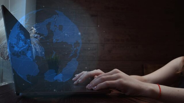 Distant Communication network Concept. Woman typing on laptop work at home. World map animation hologram.