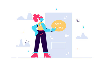 Safe space, young female character knocking on door, mental