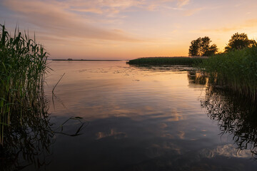 Obraz na płótnie Canvas Dnipro river summer sunset twilight landscape, Ukraine