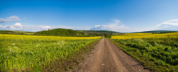 Spring countryside view with dirty road, rapeseed yellow blooming fields, village, hills. Ukraine, Lviv Region.