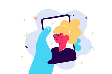 A portrait of a young female character on a mobile screen, millennial