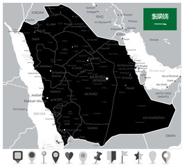Black Color Saudi Arabia Map and Flat Map Icons