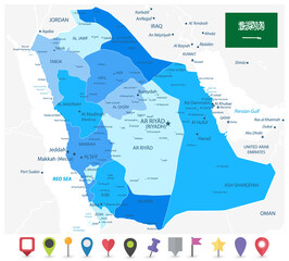 Saudi Arabia Map Administrative Divisions Blue Colors and Flat Map Icons