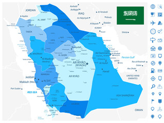 Saudi Arabia Map Administrative Divisions Blue Colors and Navigation Map Icons