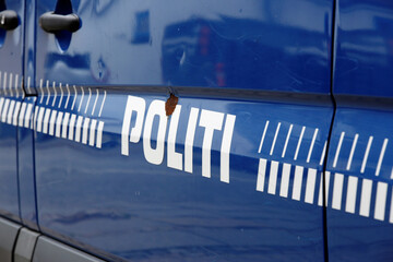 Closeup of a blue police mobile in Denmark