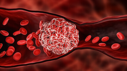 Blood Clot or thrombus blocking the red blood cells stream within an artery or a vein 3D rendering illustration. Thrombosis, cardiovascular system, medicine, biology, health, pathology concepts.