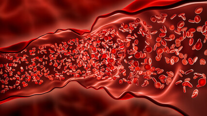 Blood flowing through an artery or vein 3D rendering illustration. Stream of red blood cells or erythrocytes in a blood vessel. Cardiovascular system, medicine, biology, health, anatomy concepts.