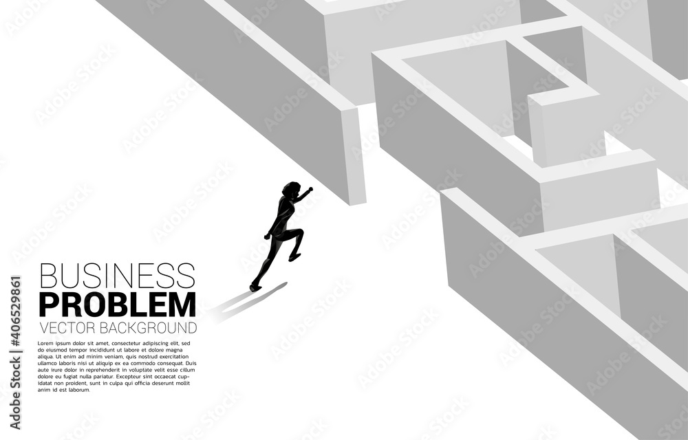Poster Silhouette of businessman running to enter to maze. Business concept for problem solving and solution strategy
