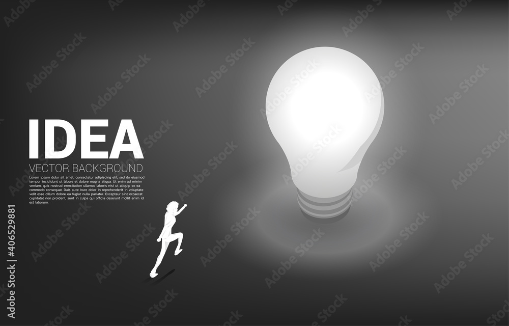 Poster silhouette of businessman running to light bulb . business concept of creative idea and solution.