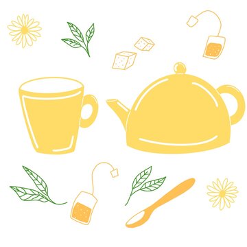 Tea cup and tea pot raster illustration. 