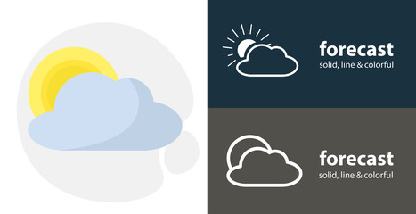 sun behind the cloud flat icon, with weather forecast simple, line icon