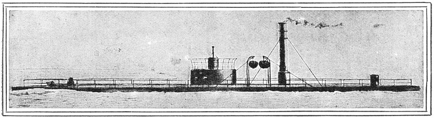 USS Nausett (1865), a single-turreted, twin-screw monitor, was built by Donald McKay, South Boston, MA. Illustration of the 19th century. Germany. White background.