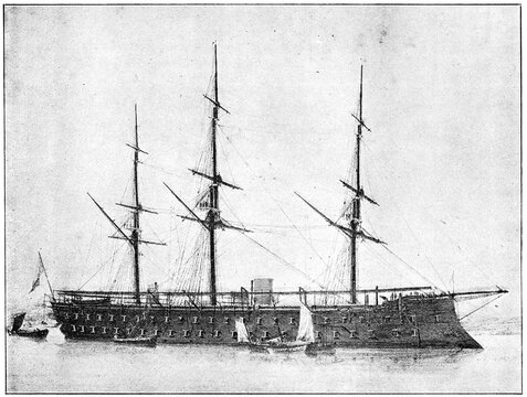 Magenta (1861) - the lead ship of her class of two broadside ironclads built for the French Navy. Illustration of the 19th century. Germany. White background.